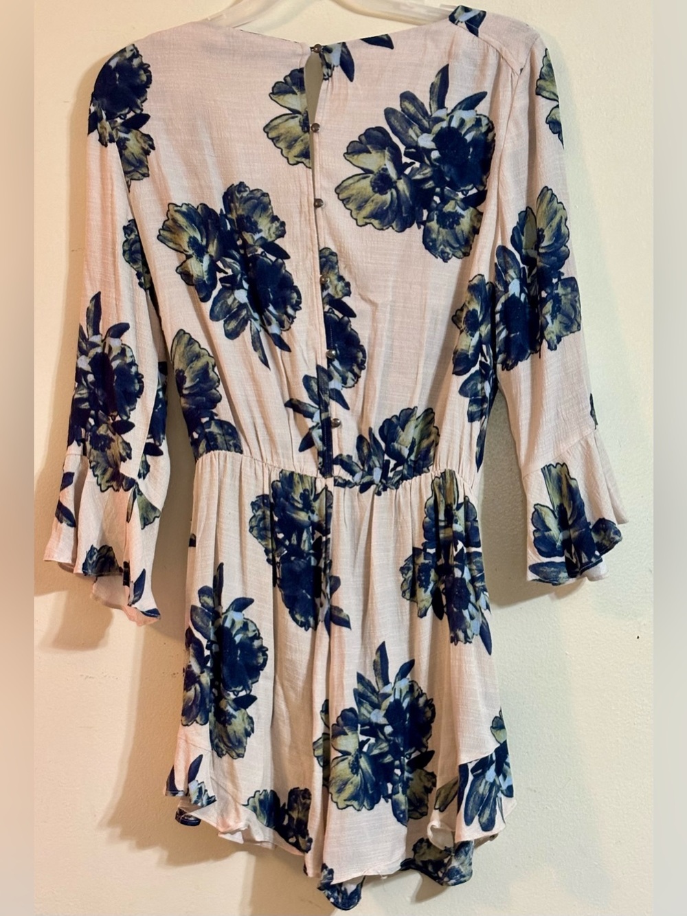 Free People Blush Floral Wrap Romper with Navy & Olive Accents - Picture 12 of 16